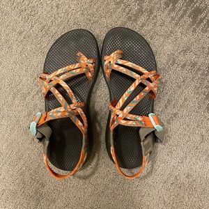 Orange and blue Chacos